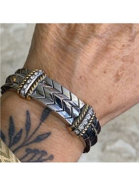 NWOT Two-Tone Silver/Gold & Rhinestone Spring Hinge Cuff Bracelet